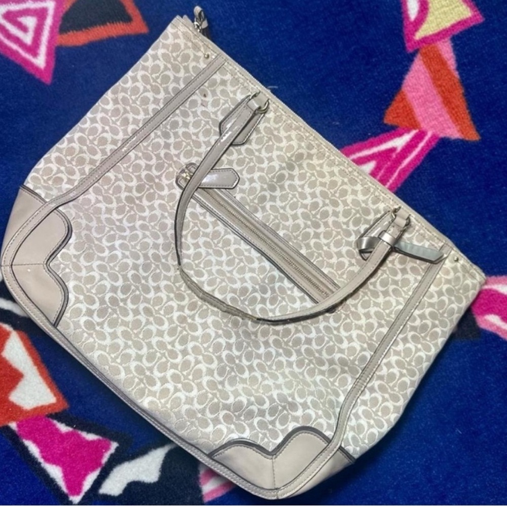 Coach Cream and Gray Signature Tote Bag